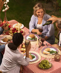 Kickin Vibes Red Gingham Oval Paper Plates 40 Count 10 X 12 Inch Heavy Duty Disposable plaid party platters set at a picnic table.