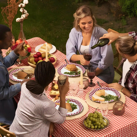 Kickin Vibes Red Gingham Oval Paper Plates 40 Count 10 X 12 Inch Heavy Duty Disposable plaid party platters set at a picnic table.