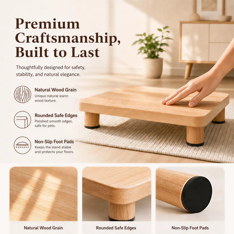 Elevated Cat Food Stand, Ergonomic Neck And Spine Care Feeding Table with natural wood grain, rounded edges, and non-slip feet.