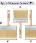 Deck Stain Brush Set 4, 5, And 6 Inch For Smooth Wood Stain Application, three beige brushes with wood handles.