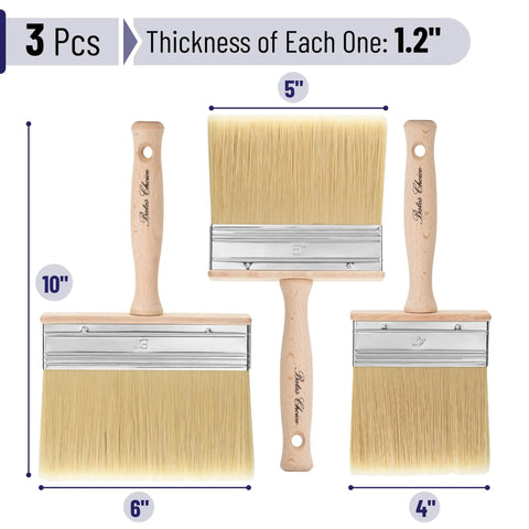 Deck Stain Brush Set 4, 5, And 6 Inch For Smooth Wood Stain Application, three beige brushes with wood handles.