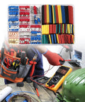 Heavy Duty 678 Piece Crimping Tool Kit With Assorted Cold Press Terminals And Heat Shrink Tubing For Electrical Wiring Projects laid out on tools and workspace.