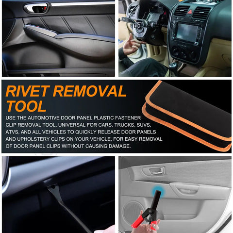 Built Tough 47 Piece Plastic Rivet Gun Kit For Auto Repairs showing manual rivet removal tool and storage case in vehicle interior.