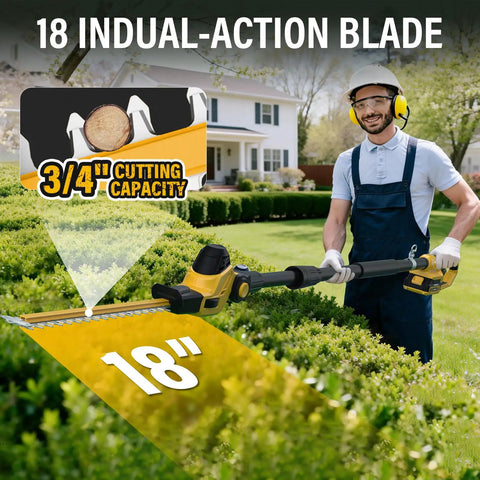 Person using Beast Cordless 18 Inch 20V Pole Hedge Trimmer with 16 Foot Reach and Extension Pole in garden