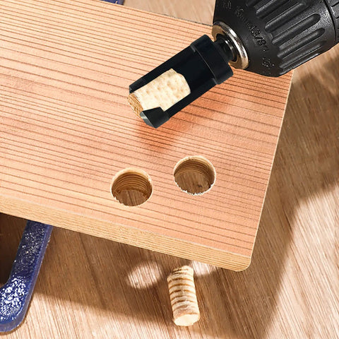 8 Piece Wood Plug Cutter Set With Four Straight And Four Tapered Cutters, One Quarter Hex Shank drilling tapered plug into wood