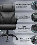 Ergonomic Big And Tall Office Chair With Breathable Leather All Day Comfort Boss Level Back Support Adjustable Flip Up Armrests Lumbar Support Swivel PC Chair With Rocking Function Built For Long Hours At The Desk, featuring adjustable height, lumbar support, and 360° smooth casters.