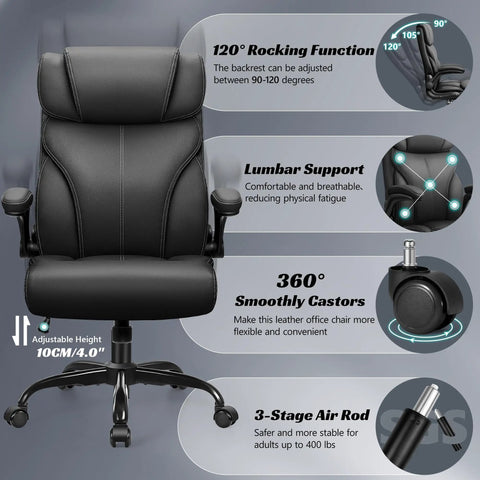 Ergonomic Big And Tall Office Chair With Breathable Leather All Day Comfort Boss Level Back Support Adjustable Flip Up Armrests Lumbar Support Swivel PC Chair With Rocking Function Built For Long Hours At The Desk, featuring adjustable height, lumbar support, and 360° smooth casters.