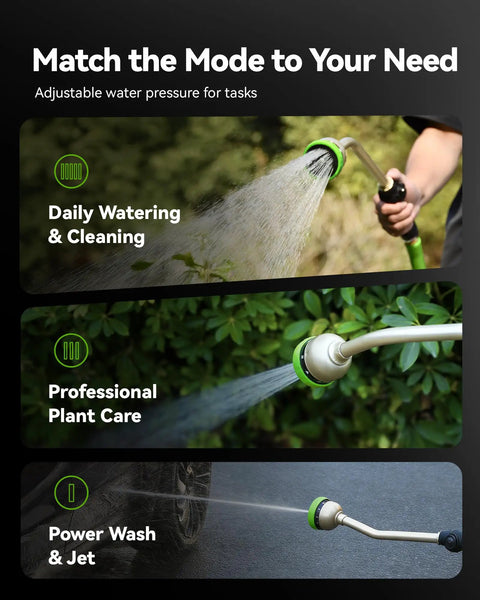 Heavy-Duty 16-Inch Garden Hose Wand With 9 Spray Patterns used for daily watering, plant care, and power wash