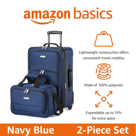 Amazon Basics navy blue 2-piece softside luggage set with 23-inch expandable wheeled suitcase and 15-inch tote
