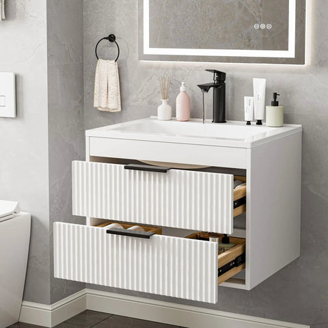 No Fuss 24 Inch Wall Mount Bathroom Vanity With Durable Resin Sink And Deep Twin Drawers, Smooth White MDF Floating Cabinet Featuring Matte Black Handles for modern bathroom decor.