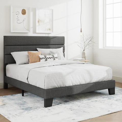 Full Platform Bed Frame With Upholstered Fabric Headboard In Grey Featuring Dense Foam Padding And Breathable Polyester For Super Comfy Nights and Straight Up Quality Bedding Setup, shown in a well-lit bedroom.