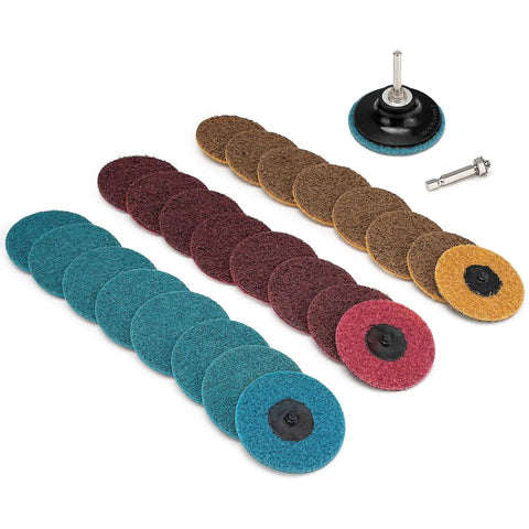 Roloc Sanding Discs Set Three Inch For Die Grinder 25 Pieces R Type Quick Change With One Quarter Inch Pad Holder Fine Medium Coarse Grit Nonwoven Surface Conditioning Discs For Wood Metal Plastic