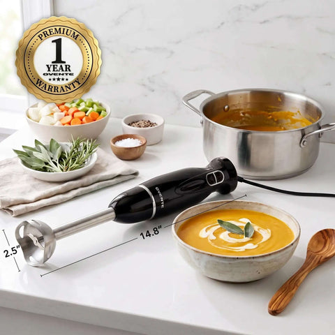 Straight Up Top Tier 300 Watt Corded Hand Blender With Two Quick Speed Modes For Silky Soups Dips And Creamy Protein Shakes Hella Easy Black Kitchen Staple beside a bowl of soup.