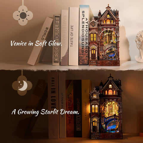 Lit Venice Night Starlit Book Nook Kit With LED 3D Wood Puzzle And Infinity Mirror on a bookshelf