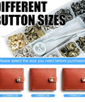 70 Sets 15mm Five Eighths Inch Heavy Duty Snap Fasteners Kit Metal Snaps For Leather Crafts Sewing And Repair Clothing Button Kit With Snap Installation Tool Durable Gun Black Finish, different button sizes shown.