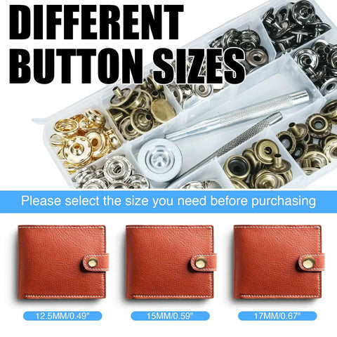70 Sets 15mm Five Eighths Inch Heavy Duty Snap Fasteners Kit Metal Snaps For Leather Crafts Sewing And Repair Clothing Button Kit With Snap Installation Tool Durable Gun Black Finish, different button sizes shown.