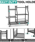 Heavy Duty Garden Tool Organizer Stand With Lockable Wheels Giant 36.25 Inch Long 15.75 Inch Wide 37.25 Inch Tall Storage Rack