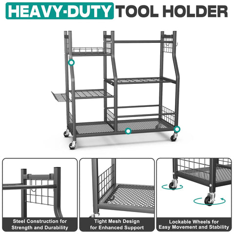 Heavy Duty Garden Tool Organizer Stand With Lockable Wheels Giant 36.25 Inch Long 15.75 Inch Wide 37.25 Inch Tall Storage Rack
