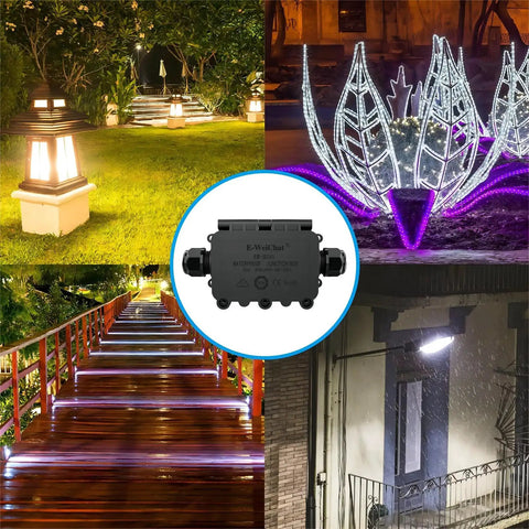 Outdoor Waterproof Junction Box For 5-12mm Cables, Heavy Duty Electrical Box shown in various outdoor settings