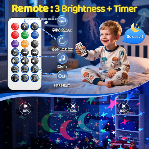 Child using remote for All In One Outdoor Speaker Sleep Sound Machine With Projector Star Light, room lit with stars