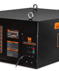 Remote Controlled Air Filtration System With Heavy Duty, Industrial Strength Performance, Three Speed Settings Deliver 556 CFM, 702 CFM, And 1044 CFM, Includes 1 Micron Filter And 5 Micron Pre Filter, Covers Up To 1000 Sq Ft, Quiet 63 To 68 dB; black unit with remote control, side view