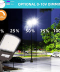 Hella Bright 200W Outdoor LED Parking Lot Light With Slip Fitter, 0-10V dimming feature shown in a parking lot at night