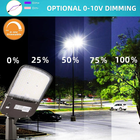 Hella Bright 200W Outdoor LED Parking Lot Light With Slip Fitter, 0-10V dimming feature shown in a parking lot at night