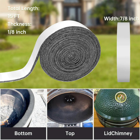 High Temp Grill Gasket Replacement For Large And XLarge Kamado Grills Self Adhesive No Fuss Fifteen Feet Long Seven Eighths Inch Wide One Eighth Inch Thick Leak Proof Seal For Big Green Egg Ovens And Smokers rolled gasket, 15 ft x 7/8 in x 1/8 in
