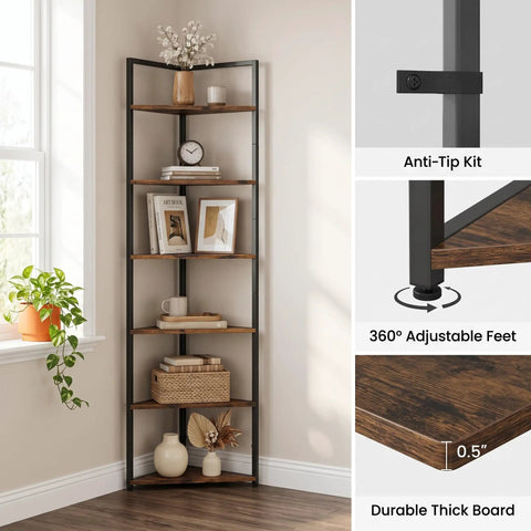Six Tier Corner Bookshelf With Industrial Metal Frame And Engineered Wood Shelves Tall Seventy One Point Seven Inch Bookcase