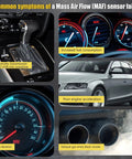 5 common symptoms of Mass Air Flow sensor failure showing gearbox, gauges, car, speedometer, and exhaust smoke indicators.