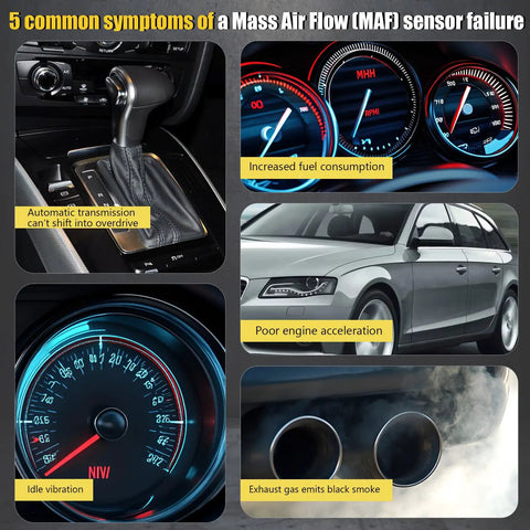 5 common symptoms of Mass Air Flow sensor failure showing gearbox, gauges, car, speedometer, and exhaust smoke indicators.