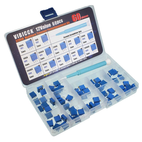 Pro Grade 60Pcs 12 Value 3296W Multiturn Trimmer Potentiometer Kit 100K To 500K in a clear case with compartments
