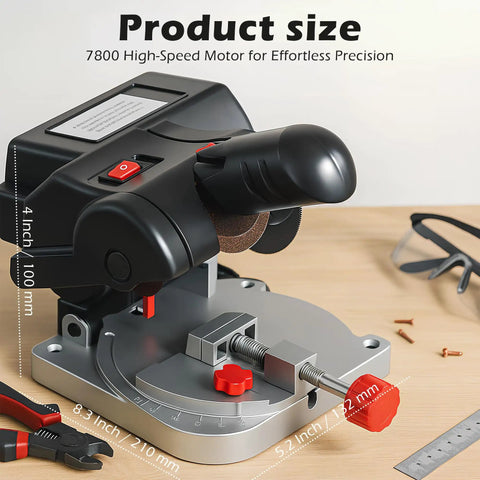 Miter Saw Benchtop Power Table Saw For DIY Projects A Handy Portable Wood And Metal Cutter with clamping jig in view.