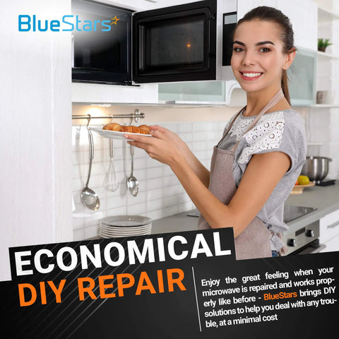 Woman using microwave after installing Upgraded Microwave Turntable Motor Replacement Part for GE and Kenmore Microwaves
