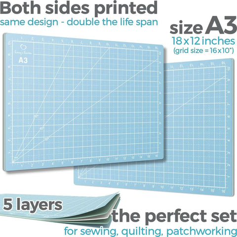 Two turquoise A3 cutting mats with grid lines and measurements for sewing, quilting and patchwork.
