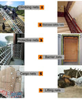 Various nets in different setups: climbing net on a structure, staircase safety net, protective balcony net, barrier door net, cargo net on truck, lifting net with loader.