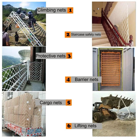 Various nets in different setups: climbing net on a structure, staircase safety net, protective balcony net, barrier door net, cargo net on truck, lifting net with loader.