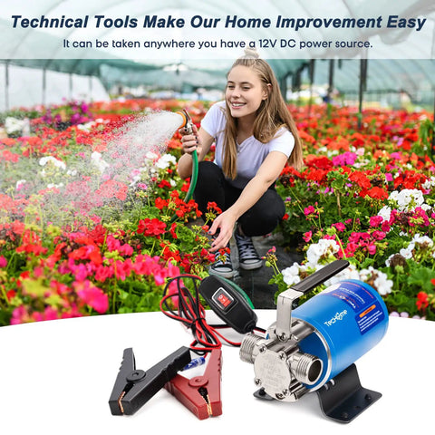 12V Portable Electric Water Transfer Pump With On Off Switch And Suction Hose Kit in garden with person watering flowers
