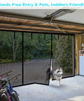 Garage entry with Magnetic Double Garage Screen Door For Two Car Garages, 16x7 Feet, black mesh, dog exiting.