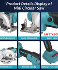 Product details display of Badass Cordless Mini Circular Saw Drops Right Into Your Makita 18v Setup showing features like depth adjustment.