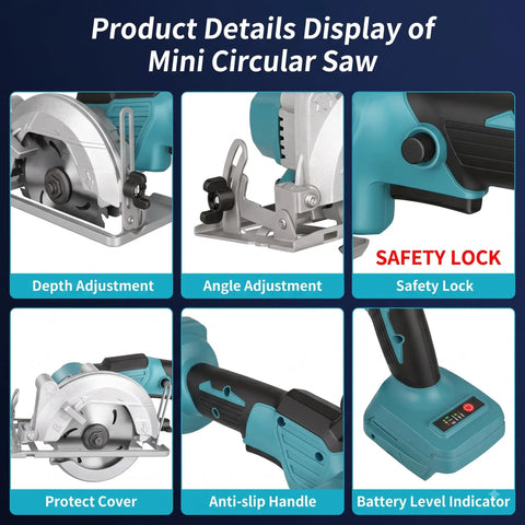 Product details display of Badass Cordless Mini Circular Saw Drops Right Into Your Makita 18v Setup showing features like depth adjustment.