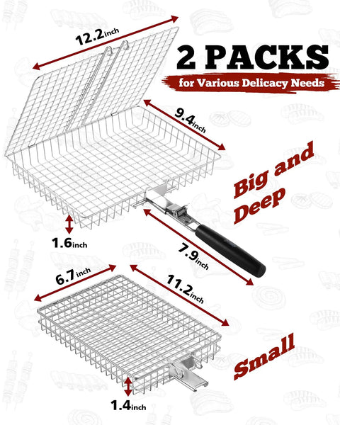 Two Pack Nesting Grill Baskets With Removable Handles For Outdoor BBQ Grillin Barbecue Gear Stainless Steel Camping Accessories diagram