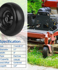 11x4.00-5 Flat Free Lawn Mower Tire And Wheel With Bearing Bore 3/4 Inch Or 5/8 Inch, Centered Hub Length From 3.4 To 5 Inches, shown next to a zero turn mower.