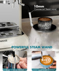 Espresso Machine With Grinder And Milk Frother For Home Use 20 Bar Pressure Vintage Cream Finishing creating latte with steam wand.