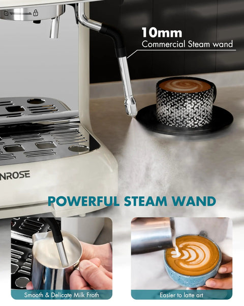 Espresso Machine With Grinder And Milk Frother For Home Use 20 Bar Pressure Vintage Cream Finishing creating latte with steam wand.