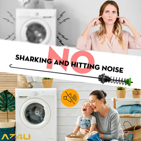 No noise graphic with Washer Suspension Rod Kit 4 Pack Replacement For Whirlpool And Maytag Washers, happy family with washer.