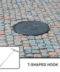 Heavy Duty Stainless Steel Manhole Cover Hook Lift Tool For Easy Grate Pulling And Door Lifting, T-shaped lifter in use.