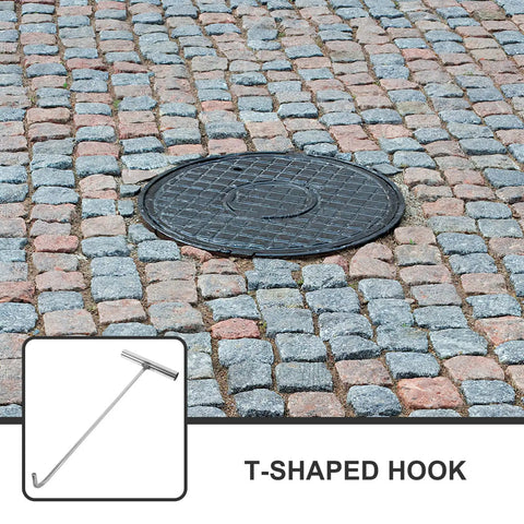 Heavy Duty Stainless Steel Manhole Cover Hook Lift Tool For Easy Grate Pulling And Door Lifting, T-shaped lifter in use.