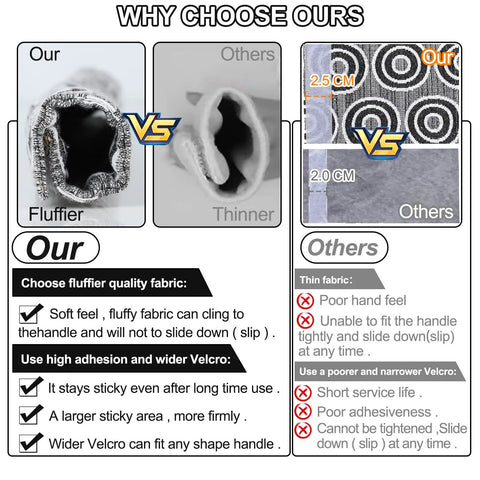 Comparison of refrigerator door handle covers showing fluffier fabric and wider Velcro vs thinner fabric and narrow Velcro.