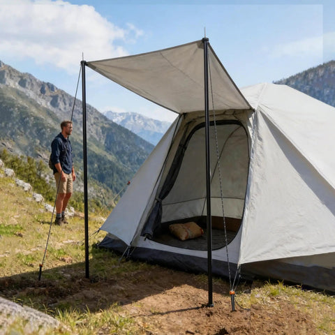 Beefy Adjustable Tarp Poles For Canopies And Tarps supporting a camping awning next to a tent in a mountainous area.